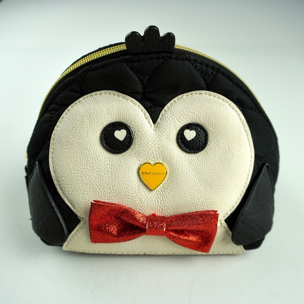 Betsey Johnson Black White Red Penguin Cosmetic Bag